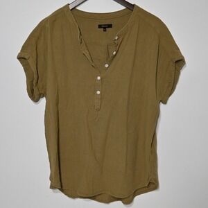 Quince 100% Organic Cotton Gauze Roll Sleeve Shirt Medium Olive Green Minimalist